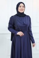 Tesettür giyim LACİVERT BONCUK İŞLEME DETAYLI SATEN ABİYE ELBİSE T 5453
