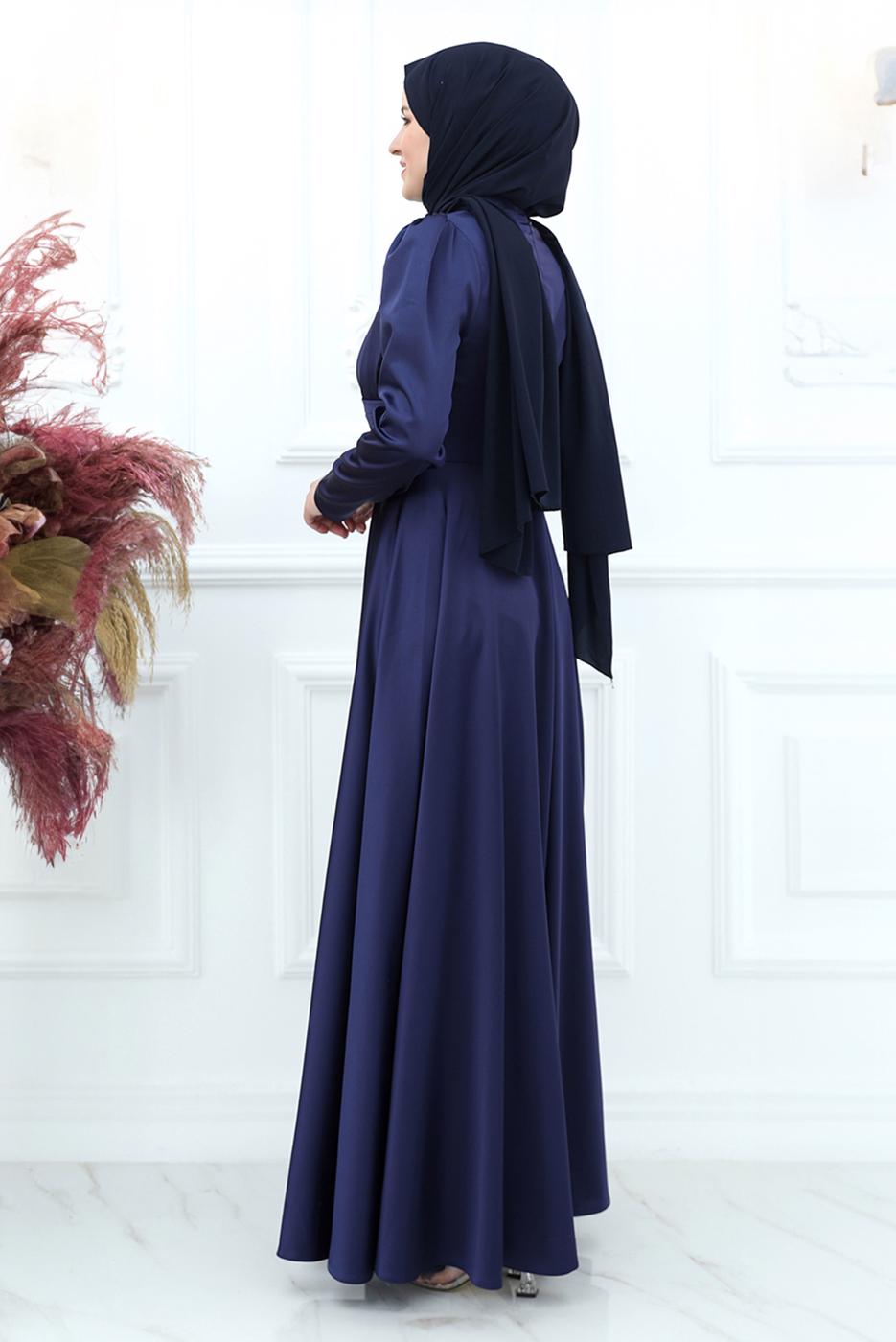 Tesettür giyim LACİVERT BONCUK İŞLEME DETAYLI SATEN ABİYE ELBİSE T 5453