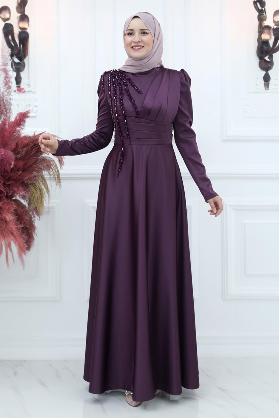 Tesettür giyim MÜRDÜM BONCUK İŞLEME DETAYLI SATEN ABİYE ELBİSE T 5453