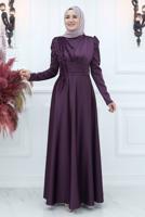 Tesettür giyim MÜRDÜM BONCUK İŞLEME DETAYLI SATEN ABİYE ELBİSE T 5453