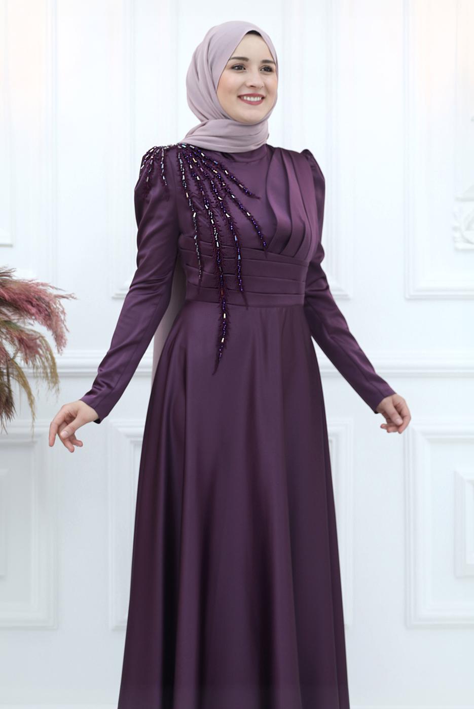 Tesettür giyim MÜRDÜM BONCUK İŞLEME DETAYLI SATEN ABİYE ELBİSE T 5453