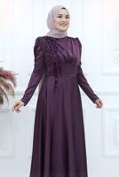 Tesettür giyim MÜRDÜM BONCUK İŞLEME DETAYLI SATEN ABİYE ELBİSE T 5453