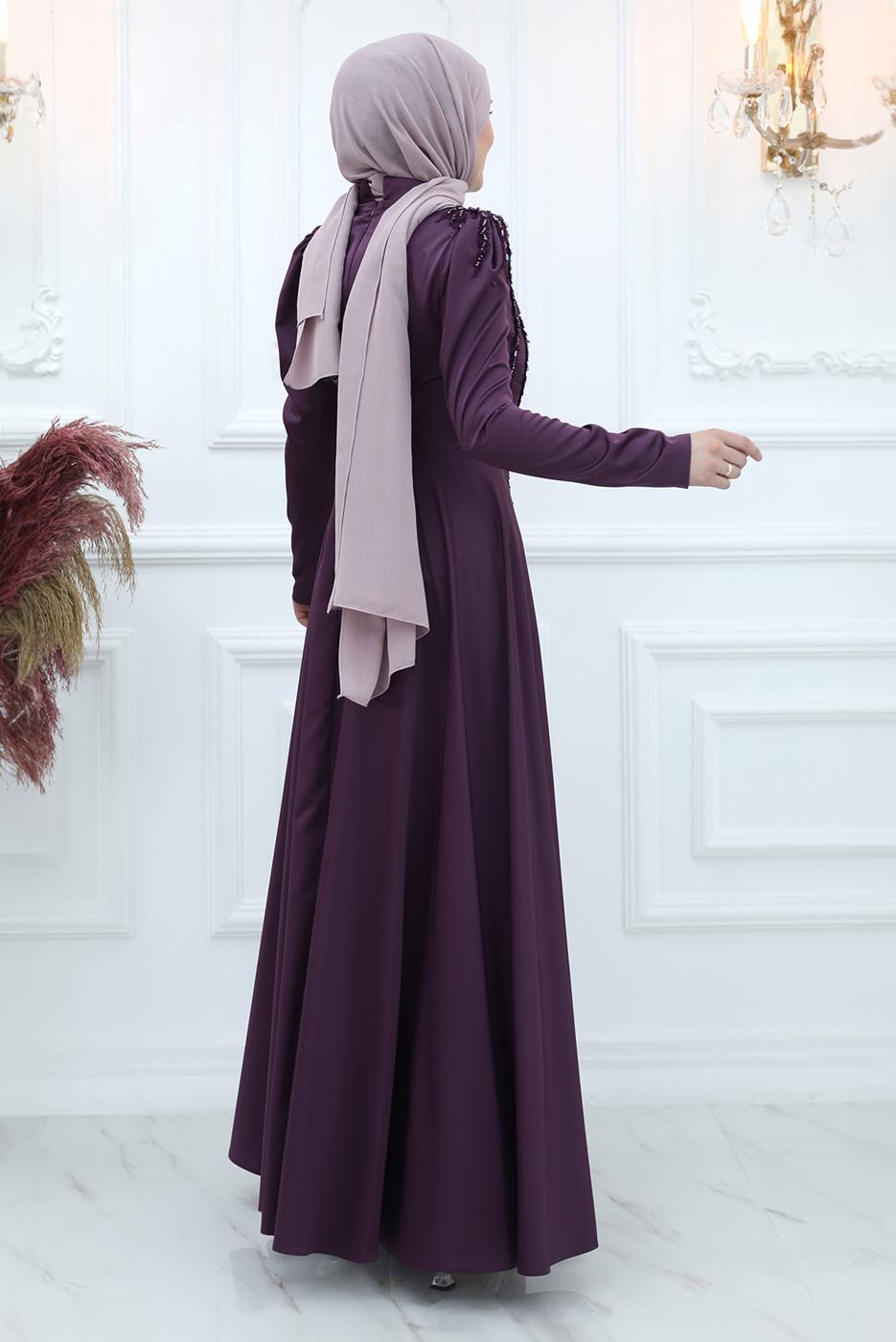 Tesettür giyim MÜRDÜM BONCUK İŞLEME DETAYLI SATEN ABİYE ELBİSE T 5453