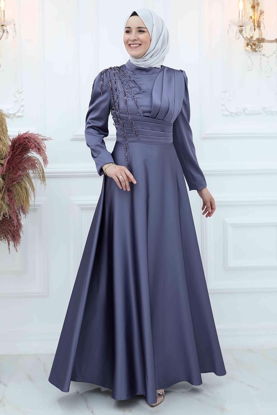 Tesettür giyim LACİVERT BONCUK İŞLEME DETAYLI SATEN ABİYE ELBİSE T 5453