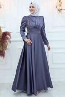 Tesettür giyim LACİVERT BONCUK İŞLEME DETAYLI SATEN ABİYE ELBİSE T 5453