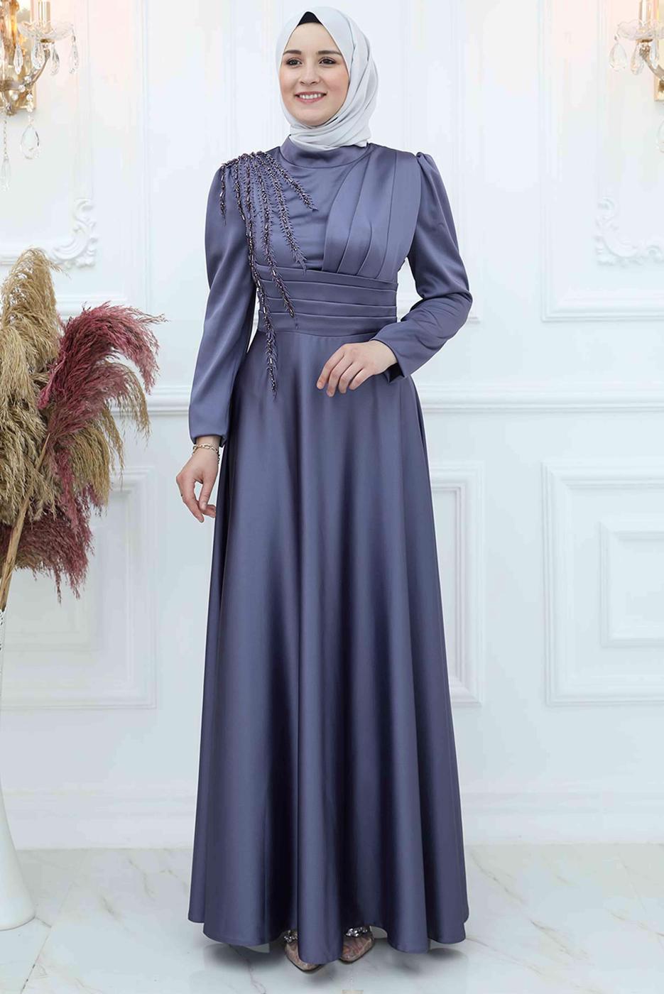 Tesettür giyim LACİVERT BONCUK İŞLEME DETAYLI SATEN ABİYE ELBİSE T 5453
