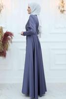 Tesettür giyim LACİVERT BONCUK İŞLEME DETAYLI SATEN ABİYE ELBİSE T 5453
