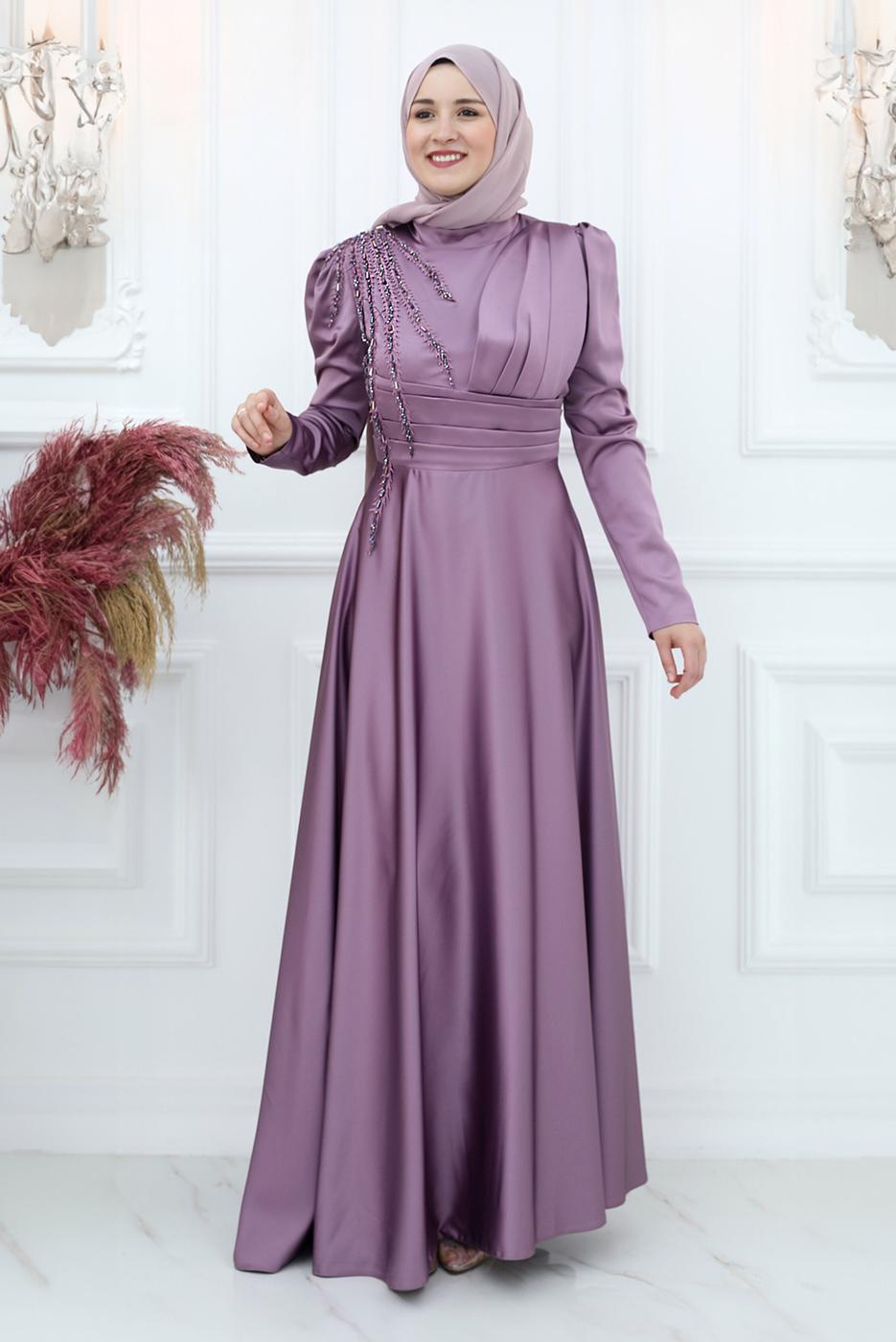 Tesettür giyim MOR BONCUK İŞLEME DETAYLI SATEN ABİYE ELBİSE T 5453