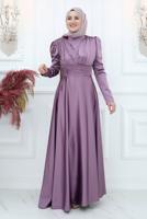 Tesettür giyim MOR BONCUK İŞLEME DETAYLI SATEN ABİYE ELBİSE T 5453