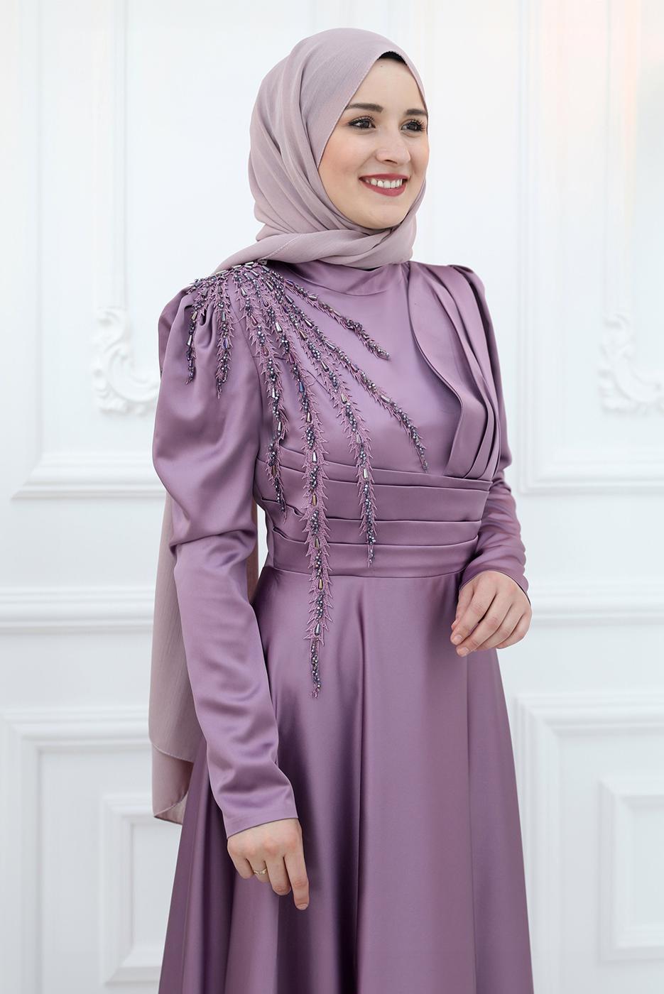 Tesettür giyim MOR BONCUK İŞLEME DETAYLI SATEN ABİYE ELBİSE T 5453