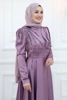 Tesettür giyim MOR BONCUK İŞLEME DETAYLI SATEN ABİYE ELBİSE T 5453