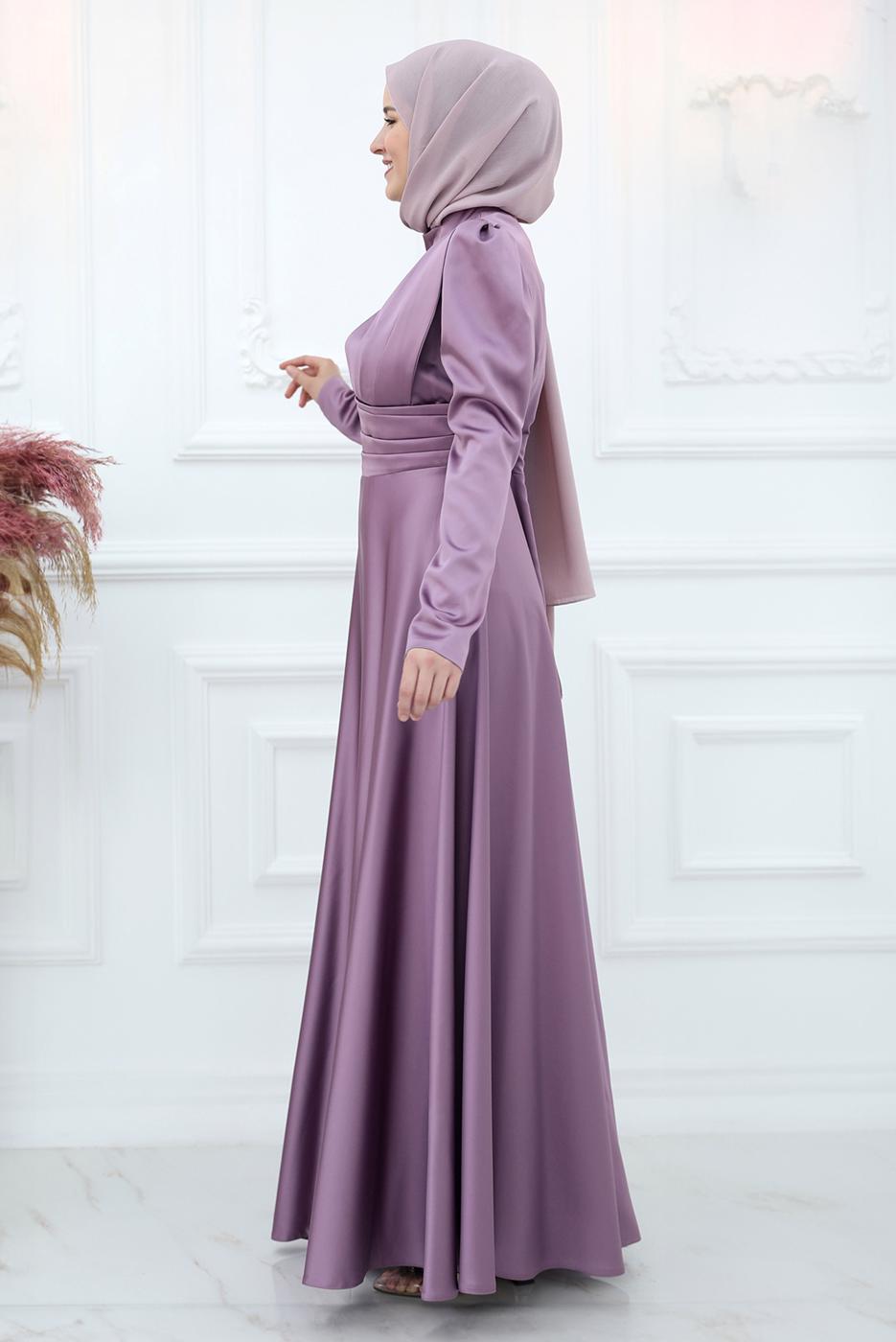 Tesettür giyim MOR BONCUK İŞLEME DETAYLI SATEN ABİYE ELBİSE T 5453