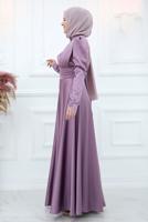 Tesettür giyim MOR BONCUK İŞLEME DETAYLI SATEN ABİYE ELBİSE T 5453