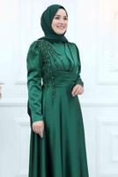 Tesettür giyim YEŞİL BONCUK İŞLEME DETAYLI SATEN ABİYE ELBİSE T 5453