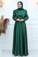 Tesettür giyim YEŞİL BONCUK İŞLEME DETAYLI SATEN ABİYE ELBİSE T 5453