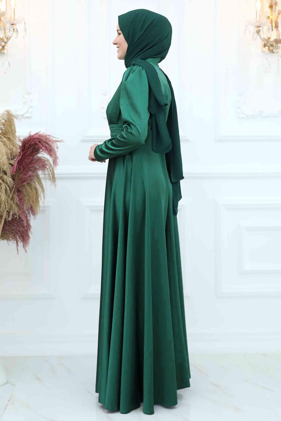 Tesettür giyim YEŞİL BONCUK İŞLEME DETAYLI SATEN ABİYE ELBİSE T 5453