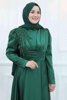 Tesettür giyim YEŞİL BONCUK İŞLEME DETAYLI SATEN ABİYE ELBİSE T 5453