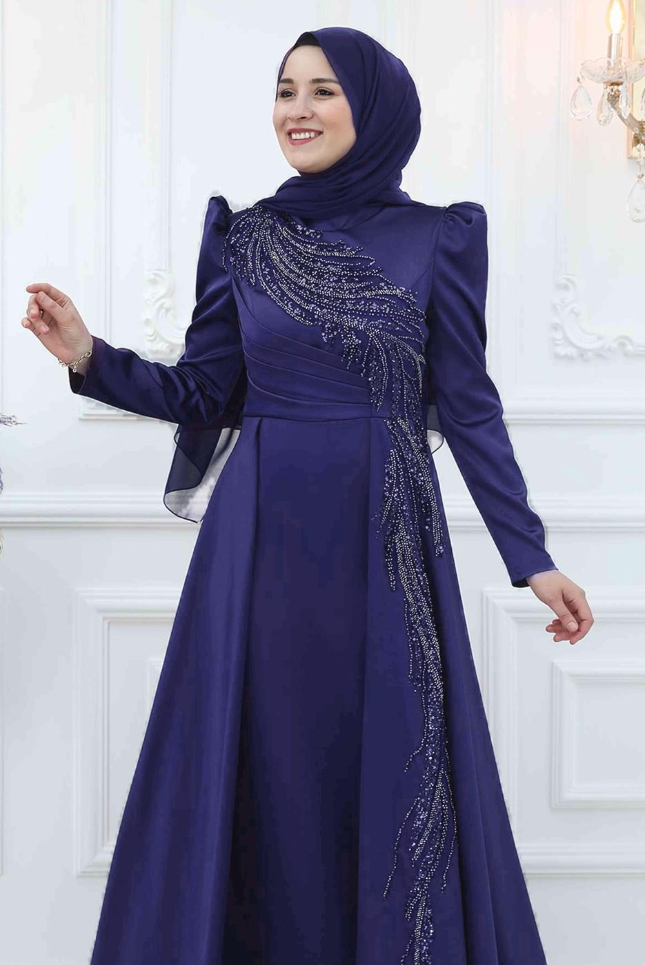 Tesettür giyim LACİVERT PUL PAYETLİ BONCUK İŞLEMELİ ABİYE ELBİSE T 5553