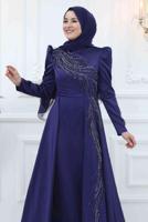 Tesettür giyim LACİVERT PUL PAYETLİ BONCUK İŞLEMELİ ABİYE ELBİSE T 5553