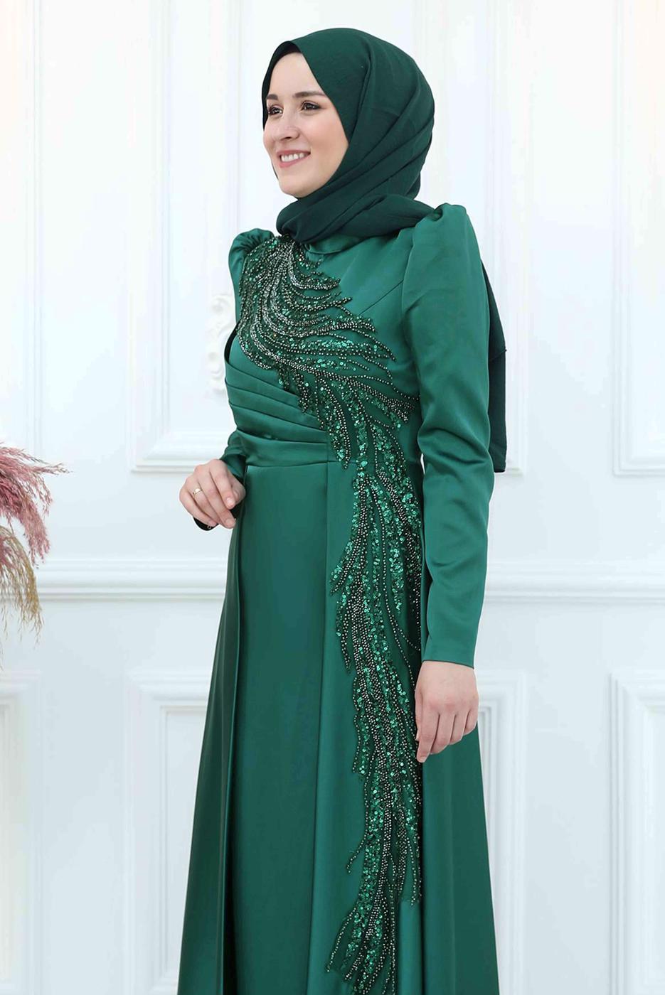 Tesettür giyim YEŞİL PUL PAYETLİ BONCUK İŞLEMELİ ABİYE ELBİSE T 5553