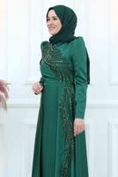 Tesettür giyim YEŞİL PUL PAYETLİ BONCUK İŞLEMELİ ABİYE ELBİSE T 5553