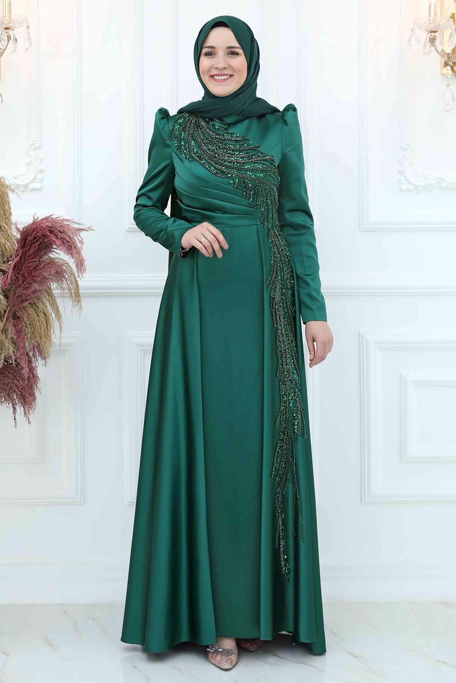 Tesettür giyim YEŞİL PUL PAYETLİ BONCUK İŞLEMELİ ABİYE ELBİSE T 5553