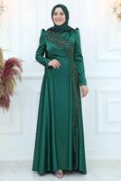 Tesettür giyim YEŞİL PUL PAYETLİ BONCUK İŞLEMELİ ABİYE ELBİSE T 5553