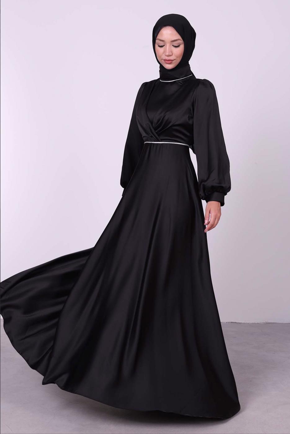 Tesettür giyim SİYAH BALON KOL SATEN ABİYE ELBİSE T 6295