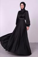 Tesettür giyim SİYAH BALON KOL SATEN ABİYE ELBİSE T 6295