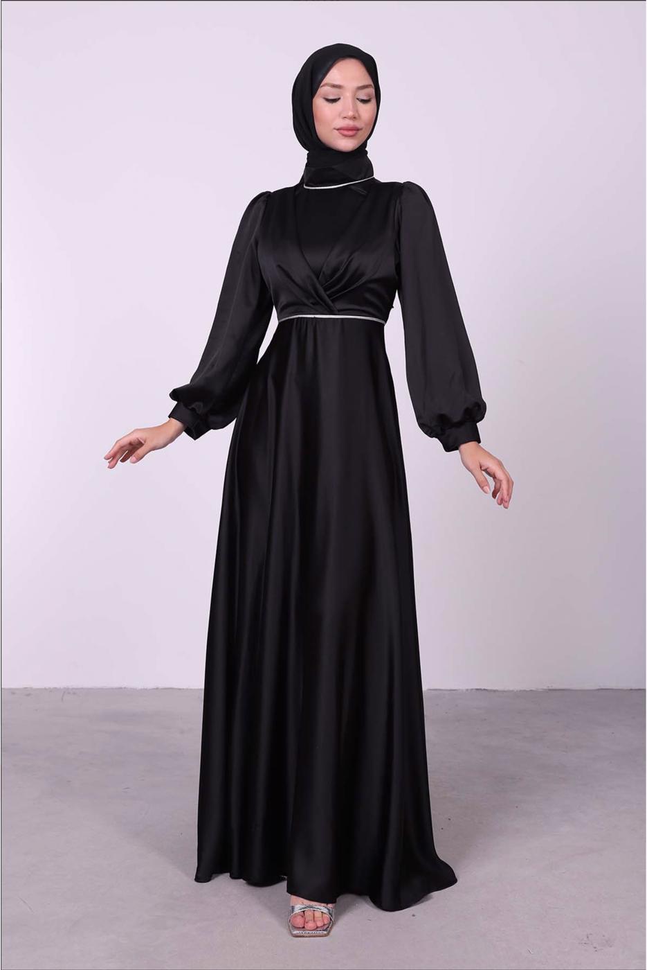 Tesettür giyim SİYAH BALON KOL SATEN ABİYE ELBİSE T 6295