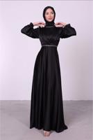 Tesettür giyim SİYAH BALON KOL SATEN ABİYE ELBİSE T 6295