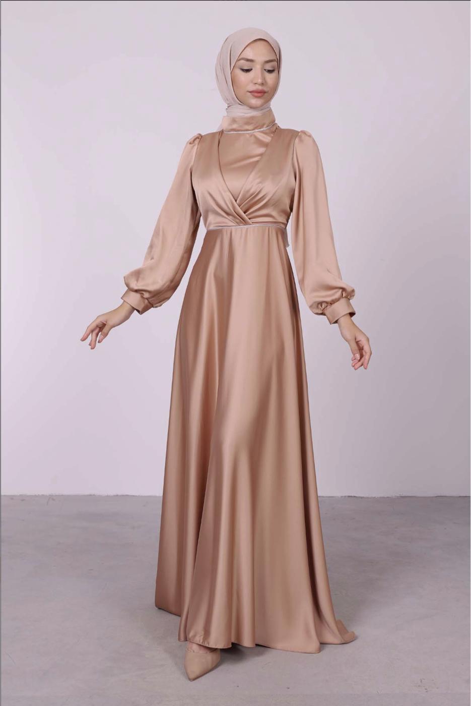Tesettür giyim BEJ BALON KOL SATEN ABİYE ELBİSE T 6295