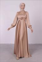 Tesettür giyim BEJ BALON KOL SATEN ABİYE ELBİSE T 6295