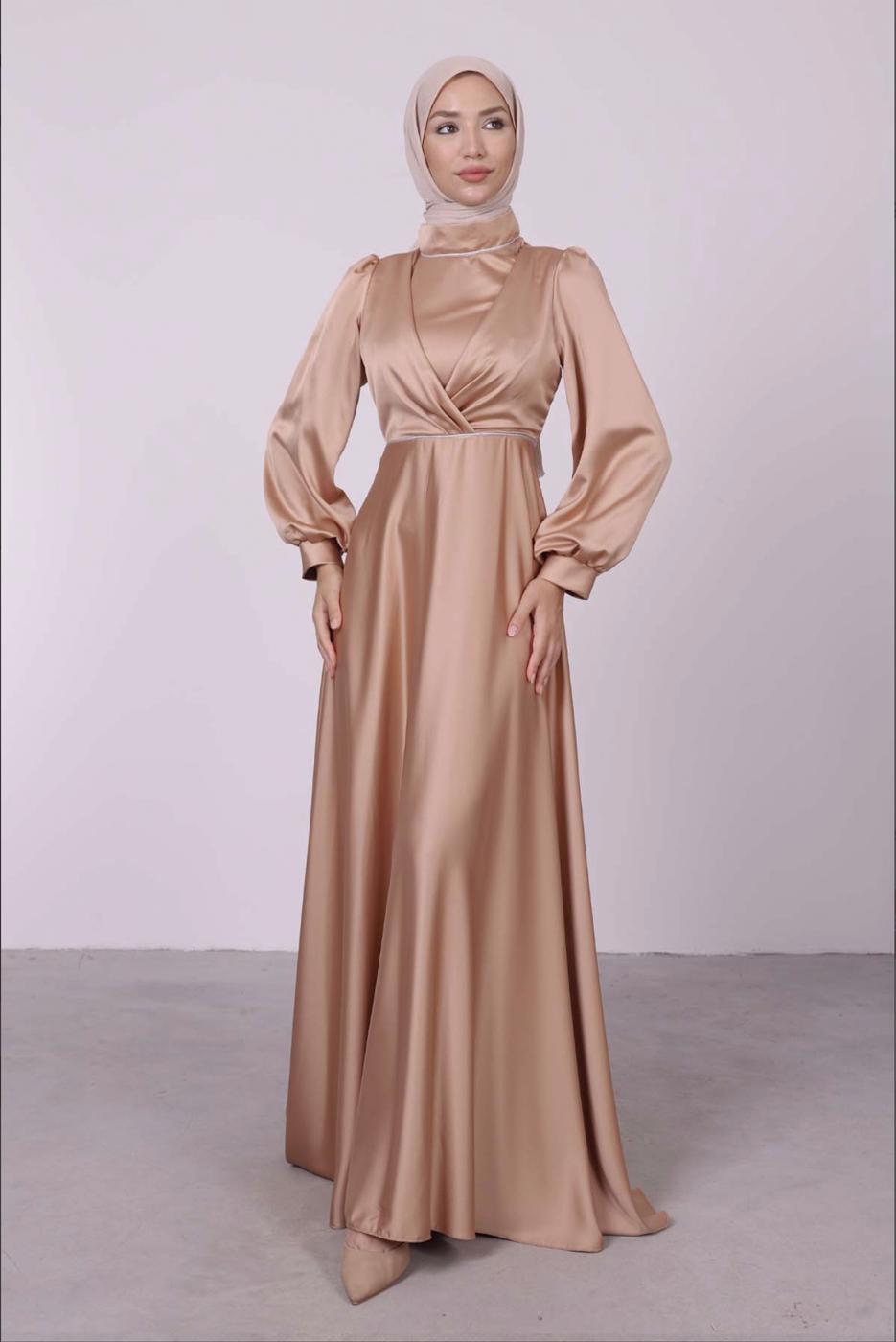 Tesettür giyim BEJ BALON KOL SATEN ABİYE ELBİSE T 6295