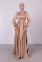 Tesettür giyim BEJ BALON KOL SATEN ABİYE ELBİSE T 6295