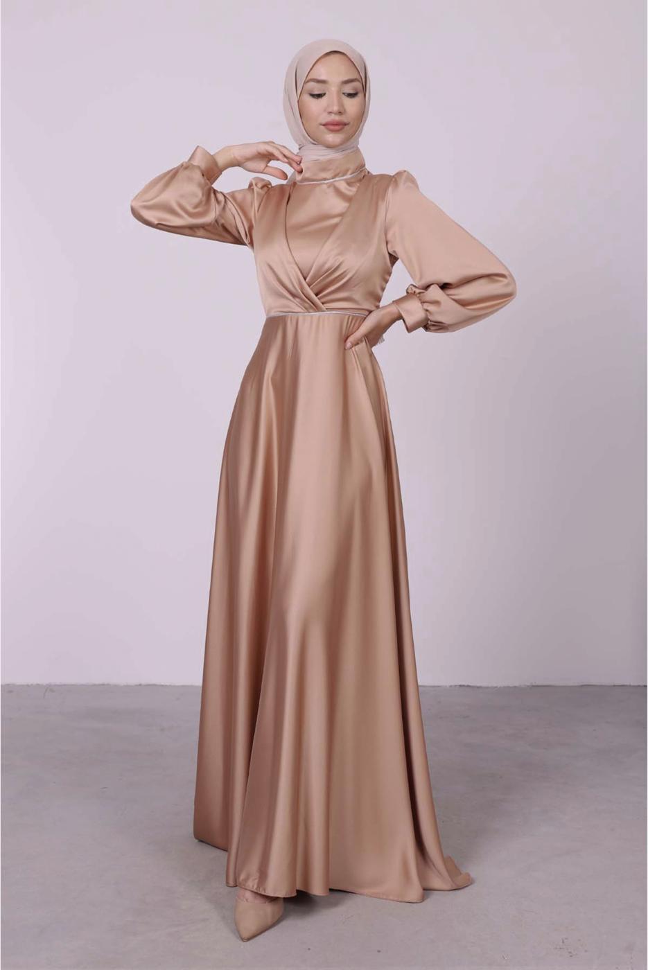 Tesettür giyim BEJ BALON KOL SATEN ABİYE ELBİSE T 6295