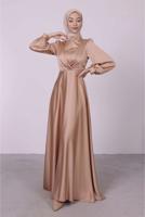 Tesettür giyim BEJ BALON KOL SATEN ABİYE ELBİSE T 6295