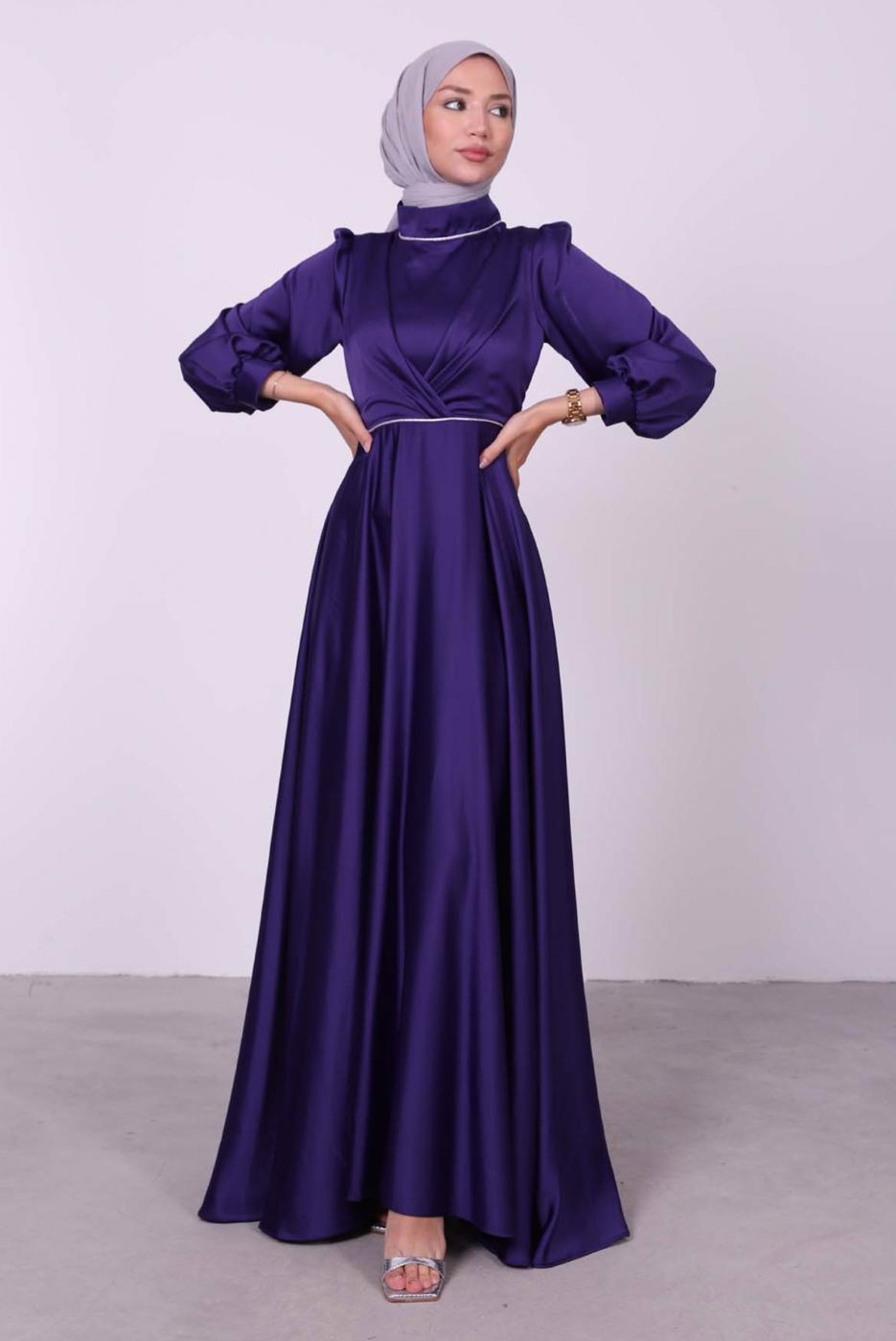 Tesettür giyim MOR BALON KOL SATEN ABİYE ELBİSE T 6295