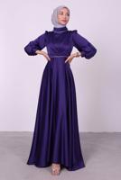 Tesettür giyim MOR BALON KOL SATEN ABİYE ELBİSE T 6295
