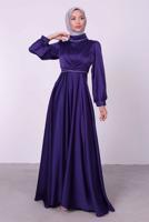 Tesettür giyim MOR BALON KOL SATEN ABİYE ELBİSE T 6295