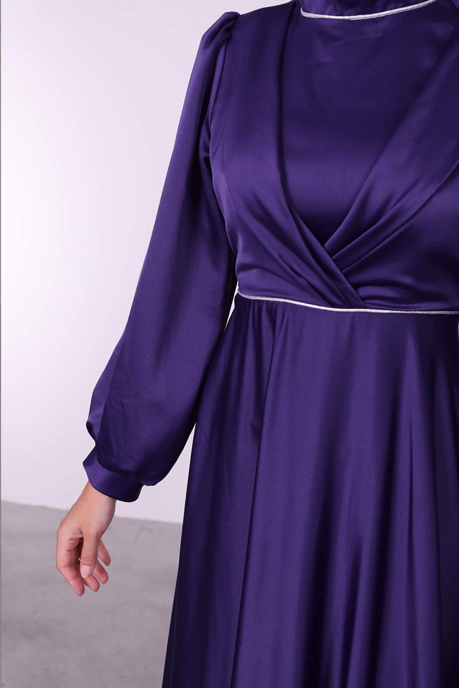 Tesettür giyim MOR BALON KOL SATEN ABİYE ELBİSE T 6295