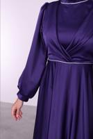 Tesettür giyim MOR BALON KOL SATEN ABİYE ELBİSE T 6295