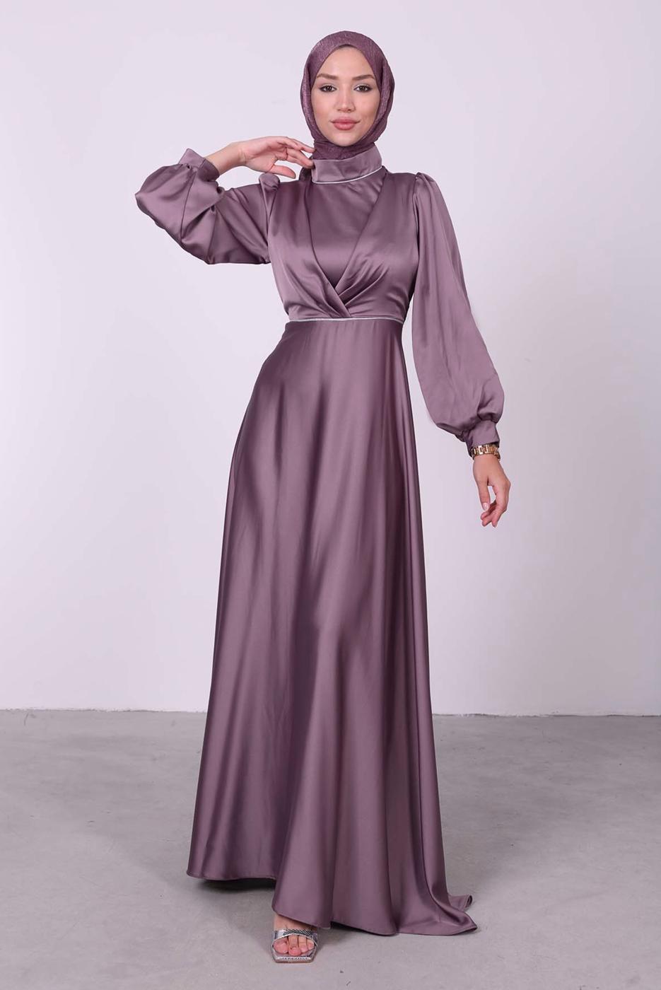 Tesettür giyim MOR BALON KOL SATEN ABİYE ELBİSE T 6295