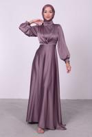Tesettür giyim MOR BALON KOL SATEN ABİYE ELBİSE T 6295