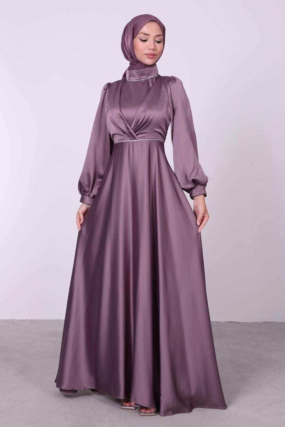 Tesettür giyim MOR BALON KOL SATEN ABİYE ELBİSE T 6295