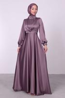 Tesettür giyim MOR BALON KOL SATEN ABİYE ELBİSE T 6295