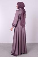 Tesettür giyim MOR BALON KOL SATEN ABİYE ELBİSE T 6295