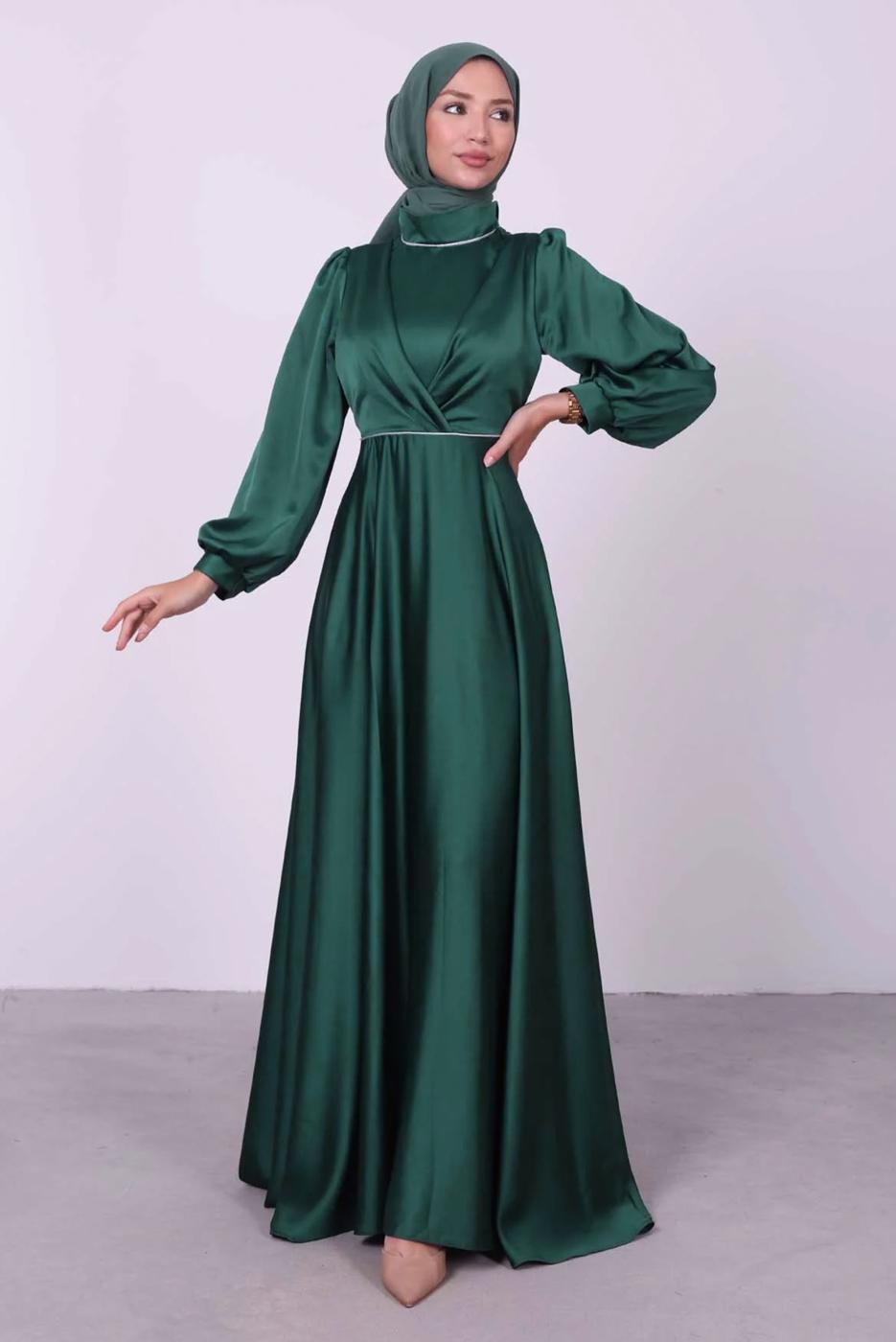 Tesettür giyim YEŞİL BALON KOL SATEN ABİYE ELBİSE T 6295