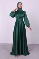 Tesettür giyim YEŞİL BALON KOL SATEN ABİYE ELBİSE T 6295