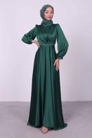 Tesettür giyim YEŞİL BALON KOL SATEN ABİYE ELBİSE T 6295
